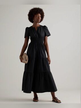 Quince Black Tiered Short-Sleeve Midi Dress